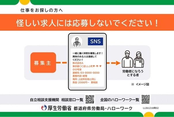 仕事をお探しの方は、「募集主の氏名（又は名称）・住所・連絡先（電話番号等）・業務内容・就業場所・賃金」の表示がない募集広告には特に気をつけてください。